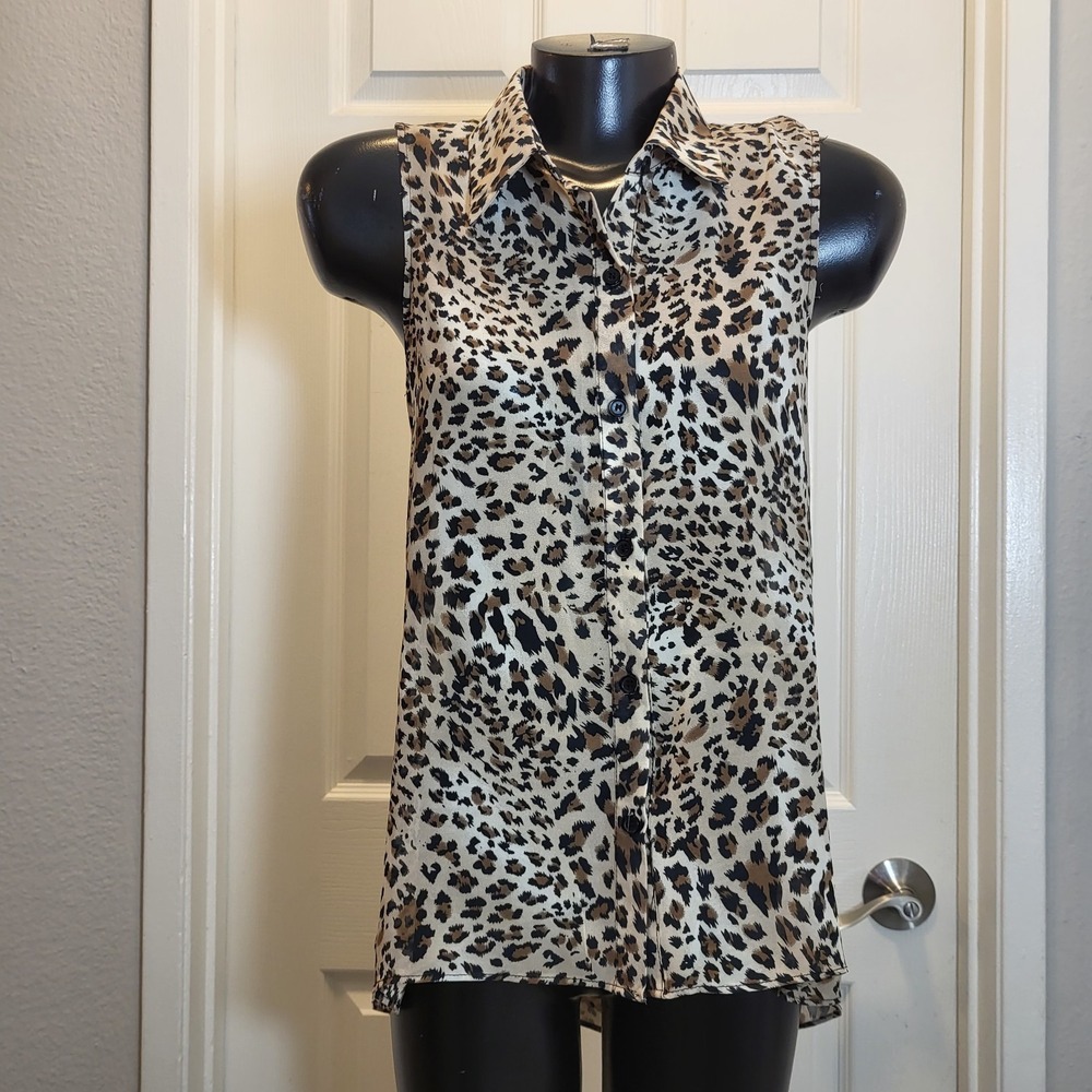 Finesse Semi Sheer Blouse Women's Leopard Print Sleeveless Size Small